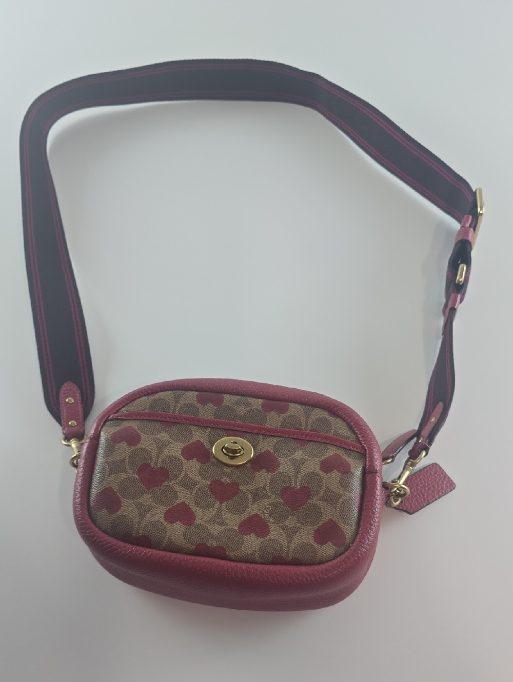 Coach Brown Signature Canvas Crossbody with Red Heart Motif